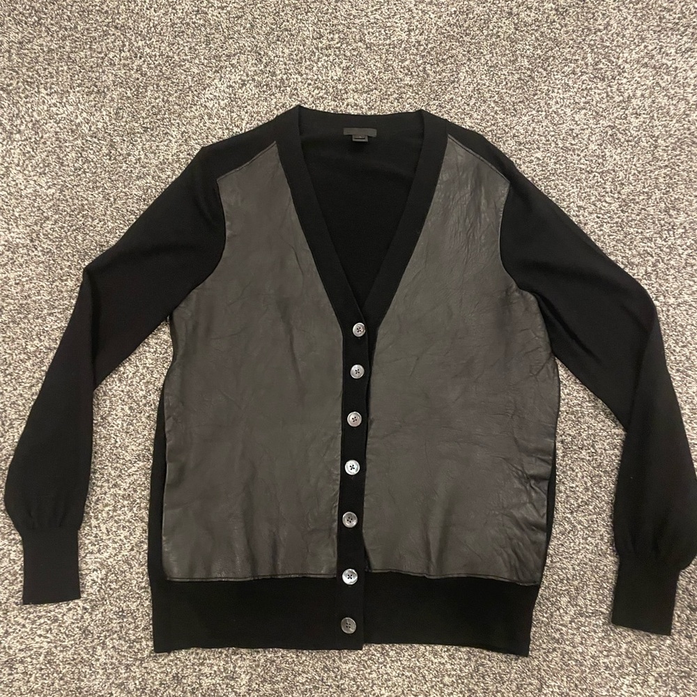 Women’s Jcrew Large black leather and wool button down cardigan. NICE!